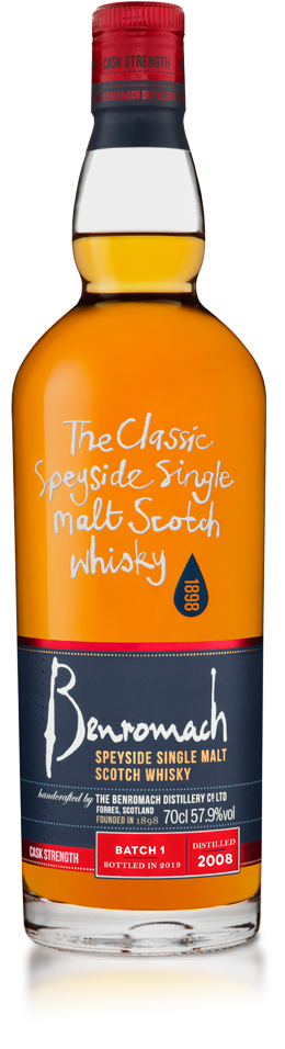 A bottle of old style Benromach Cask Strength Vintage 2008 Batch 1 with branding on the label
