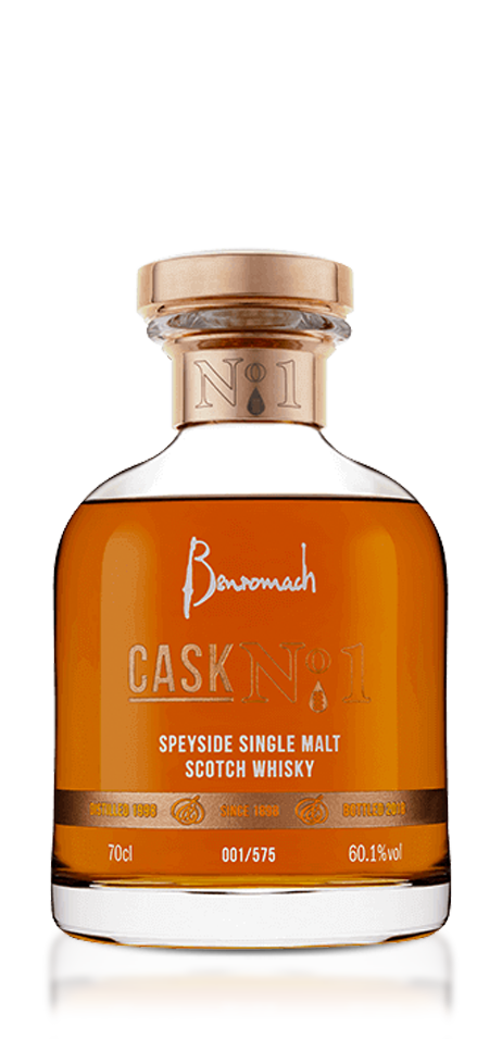 A bottle of Benromach Cask No.1 with old-style branding on the label
