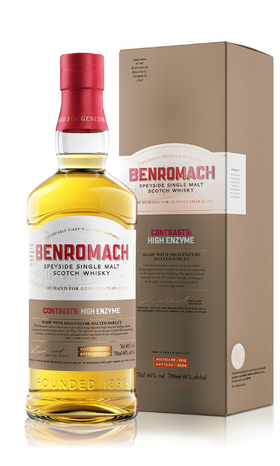 A bottle and box of Benromach Contrasts: High Enzyme Speyside Single Malt Whisky with branding prominent on label