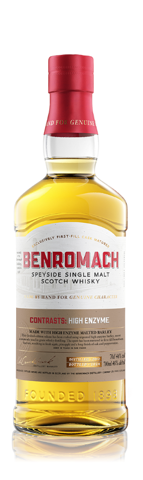 A bottle of Benromach Contrasts: High Enzyme Speyside Single Malt Whisky with branding prominent on label