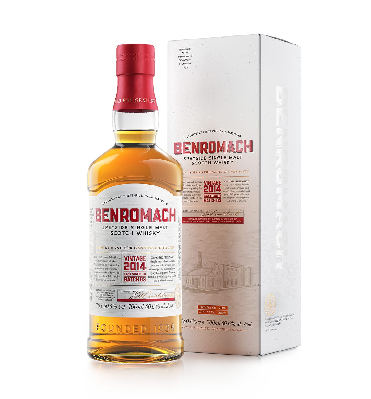 A bottle and box of Benromach Cask Strength Vintage 2014 Speyside Single Malt Whisky with branding prominent on label