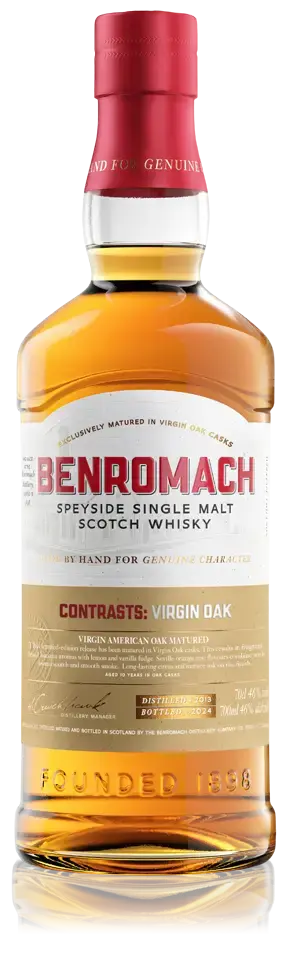 A bottle of Benromach Contrasts Virgin Oak Speyside Single Malt Scotch Whisky with branding on the label
