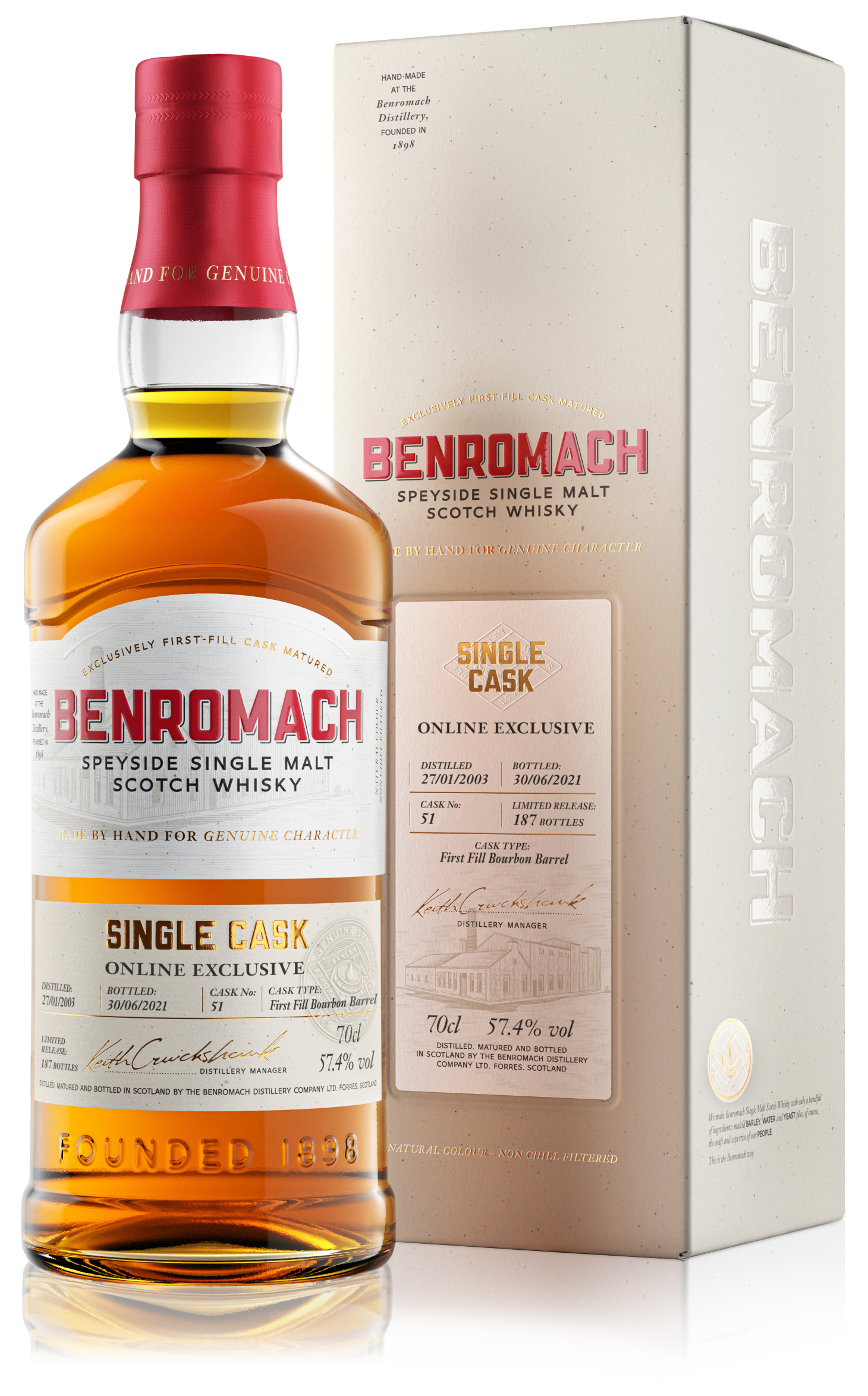 A bottle and box of Benromach Single Cask 2003 online exclusive with prominent branding on the label
