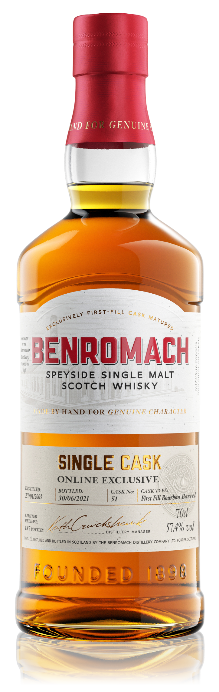 A bottle of Benromach Single Cask 2003 online exclusive with prominent branding on the label