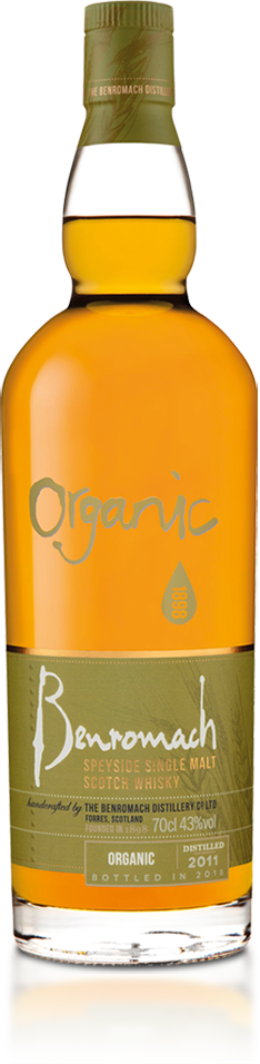 A bottle of Benromach Organic with old-style branding on the label