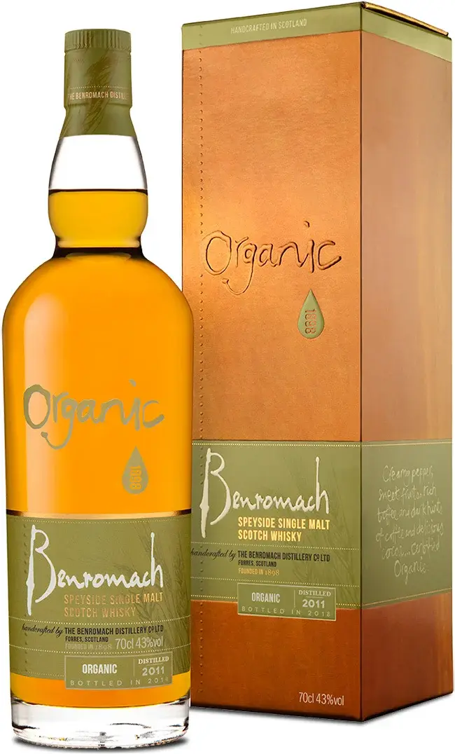 A bottle and box of Benromach Organic with old-style branding on the label