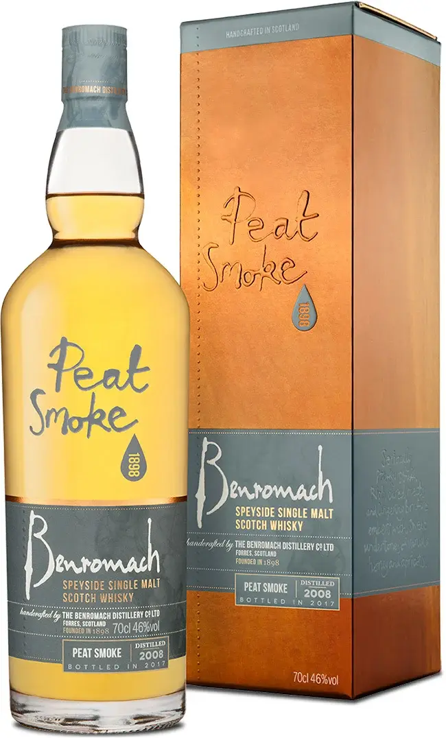 A bottle and box of Benromach Peat Smoke with old-style branding on the label