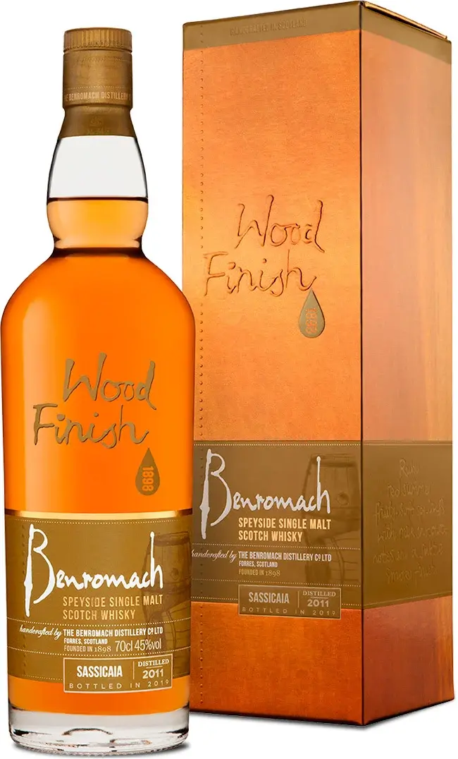 A bottle and box of Benromach Sassicaia with old-style branding on the label