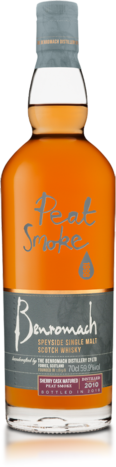 A bottle of Benromach Peat Smoke Sherry Cask Matured with old-style branding on the label