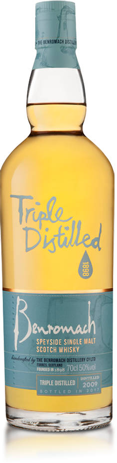 A bottle of Benromach Triple Distilled with old-style branding on the label
