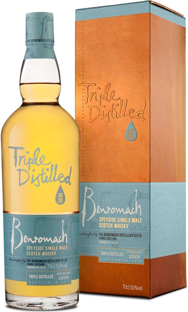 A bottle and box of Benromach Triple Distilled with old-style branding on the label