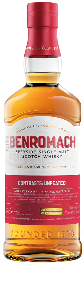A bottle of Benromach Contrasts: Unpeated Speyside Single Malt Whisky with branding prominent on label