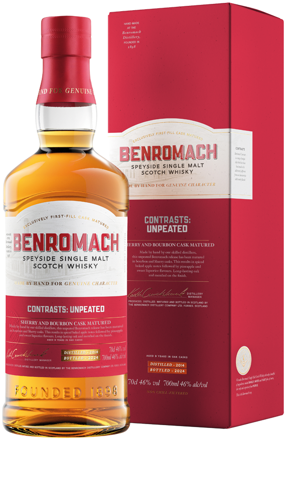 A bottle of Benromach Contrasts Unpeated Speyside Single Malt Scotch Whisky with branding on the label and gift box