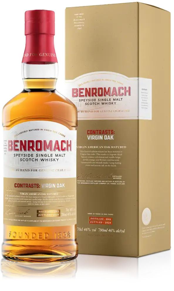 A bottle of Benromach Contrasts Virgin Oak Speyside Single Malt Scotch Whisky with branding on the label and gift box